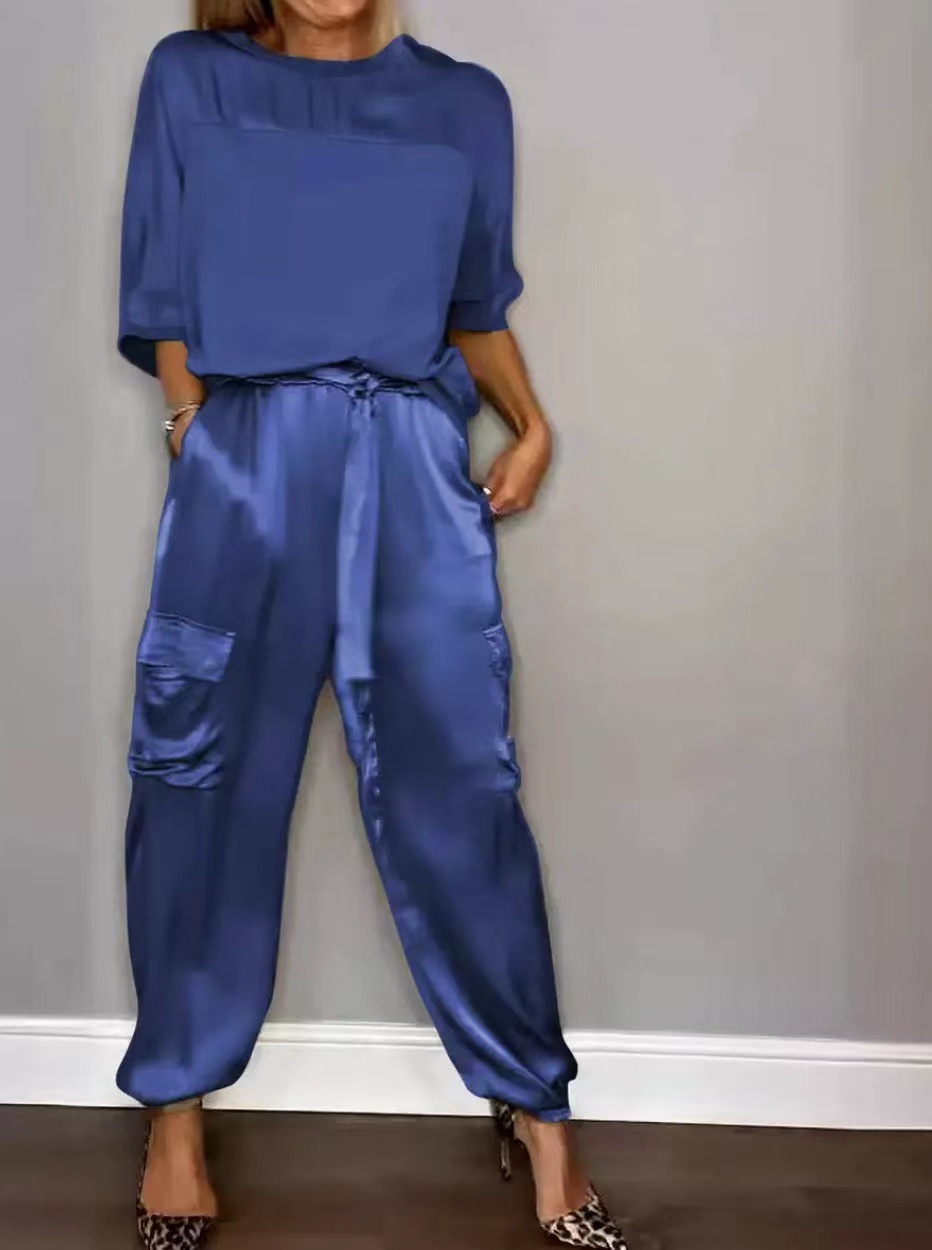 Women's Satin Half-Sleeve Top and Pants Two-Piece Set