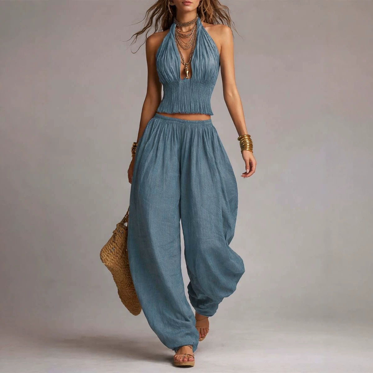 Sleeveless Halter Open-Back Top and Wide-Leg Pants Two-Piece Set