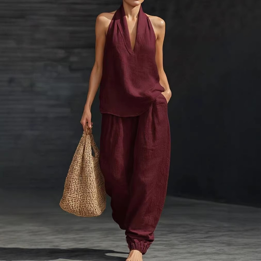 Women's Sleeveless Loose Cold-Shoulder Top & Wide-Leg Pants Two-Piece Set