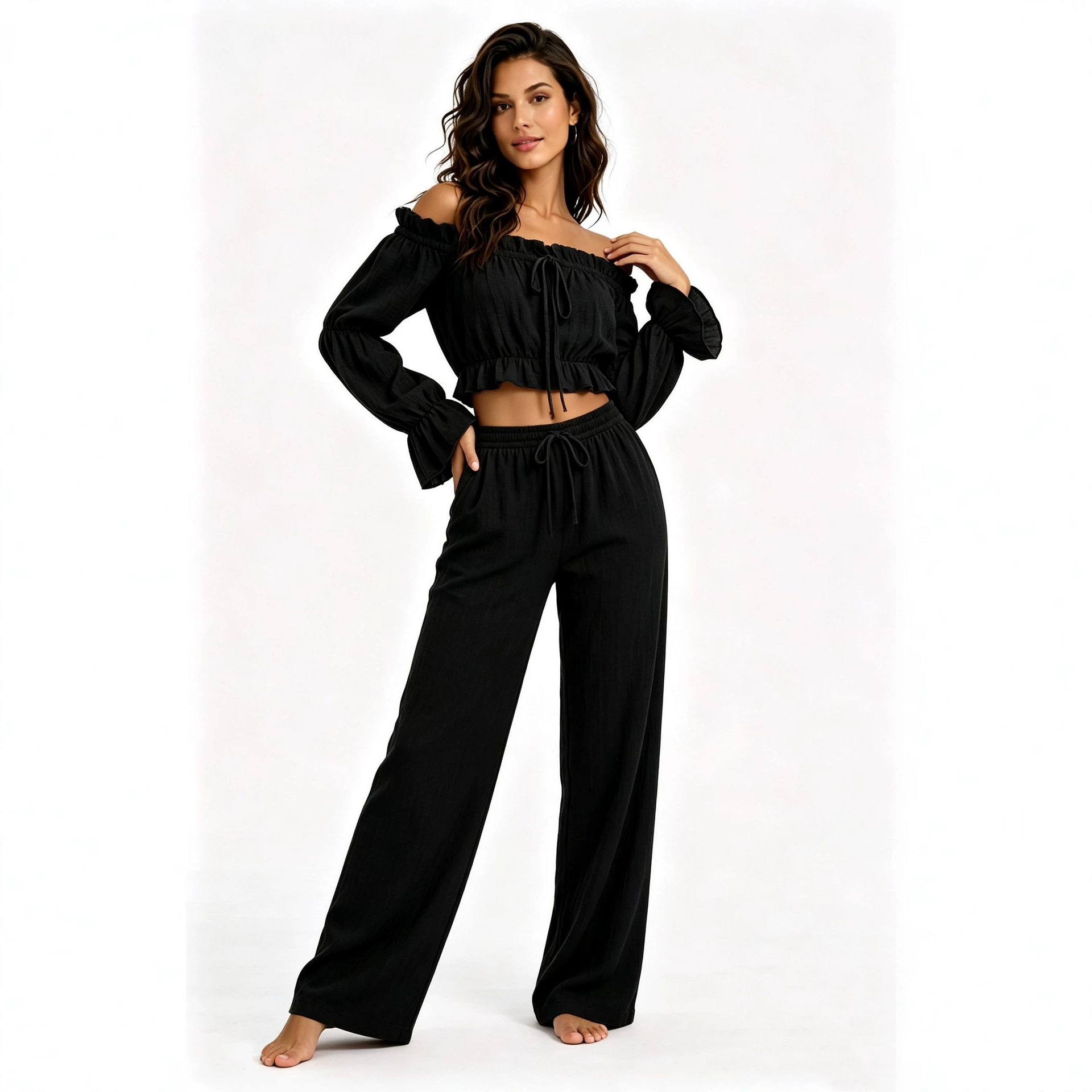 Off-Shoulder Crop Top and Wide-Leg Pants Set