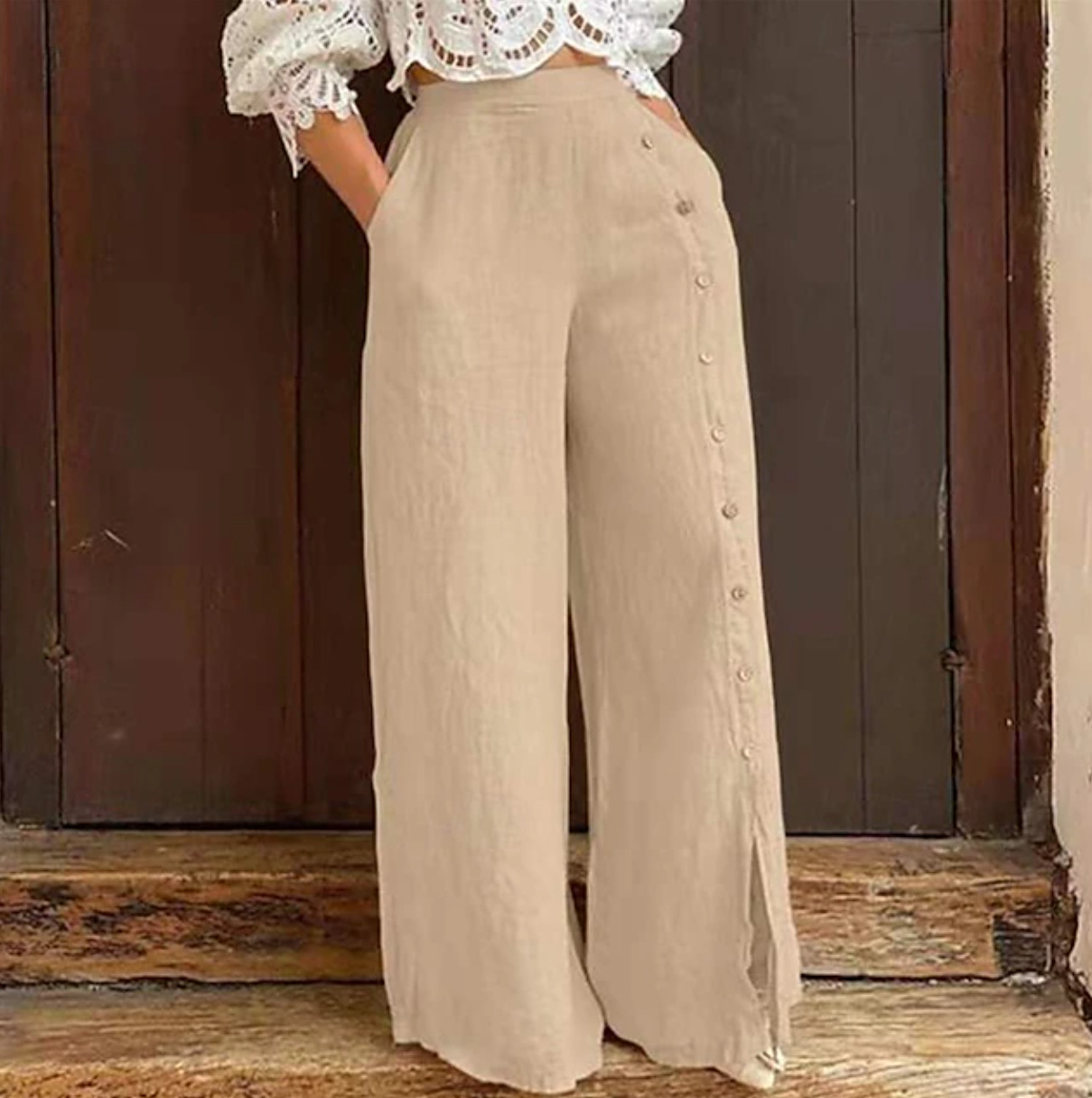 Women's Casual Wide-Leg Pants with Pockets and Button Design