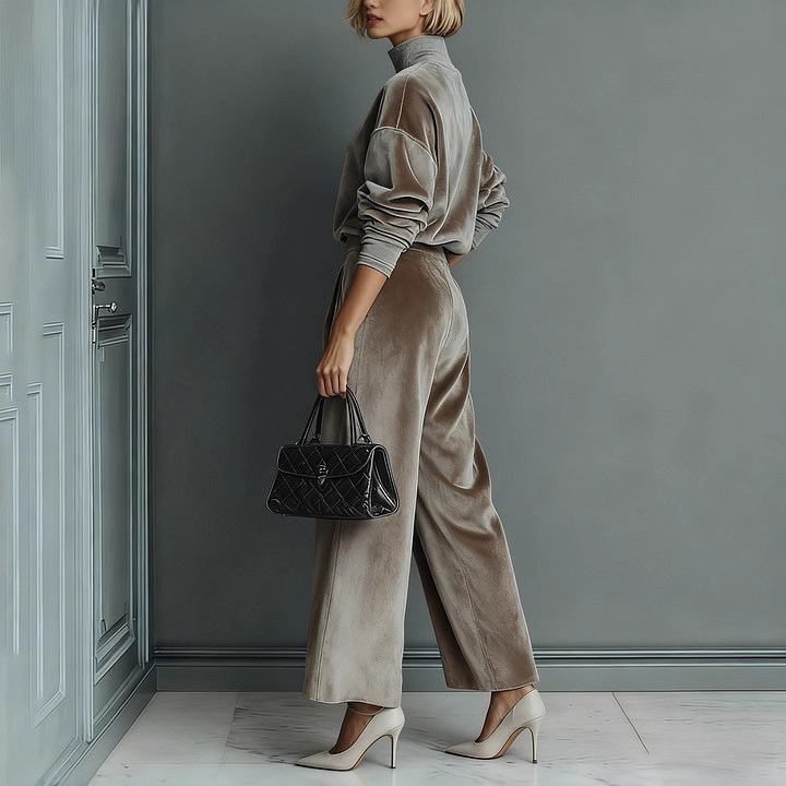 Women's Velvet Tracksuit High Neck Zip Top Wide Leg Pants Set