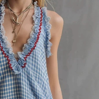 Blue Plaid Ruffle V-Neck Mini Dress