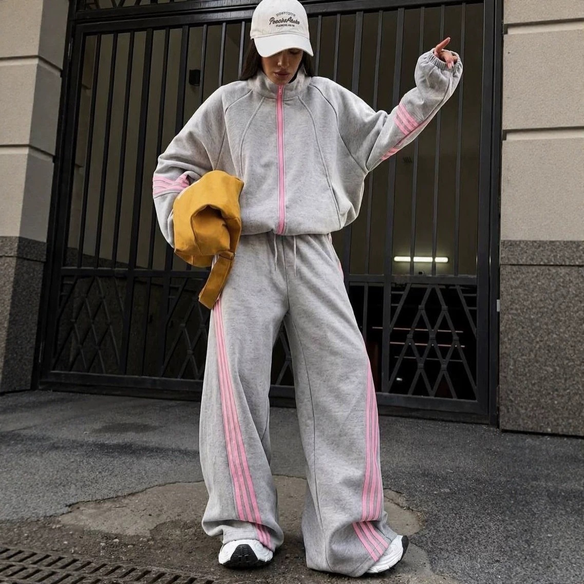 Color-Block Zip-Up Hooded Tracksuit with Classic 3-Stripe Two-Piece Set
