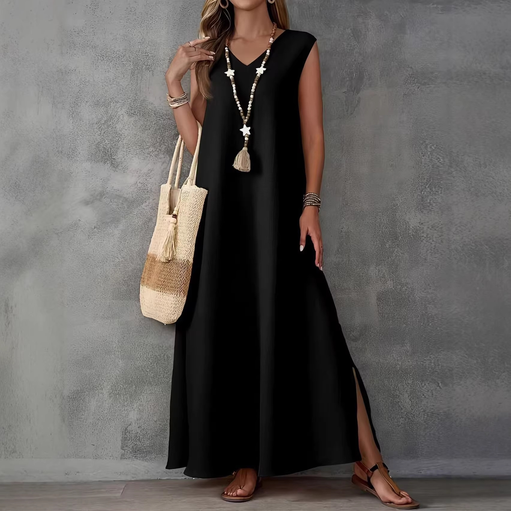 Women's Sleeveless V-Neck Side Slit Long Dress Elegant