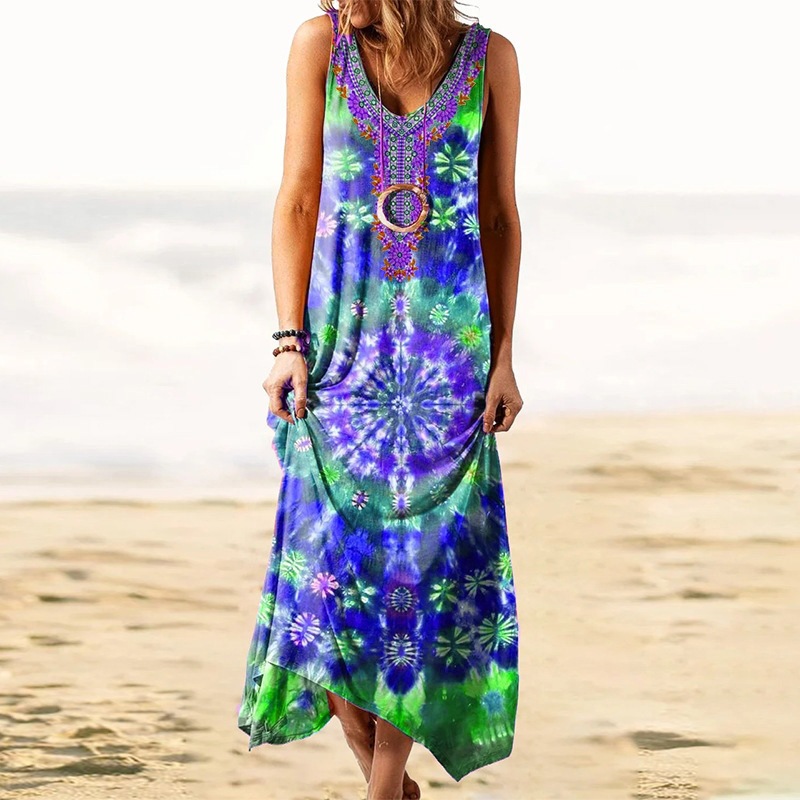 Vintage Spiral Tie-Dye Print Sleeveless Maxi Dress with Embroidered Neckline Loose Fit