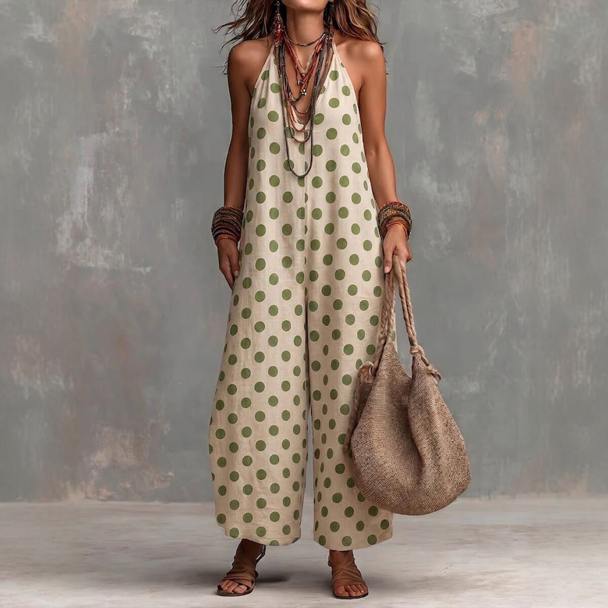 Women's Polka Dot Halter Wide-Leg Jumpsuit Sleeveless Summer Vacation Outfit