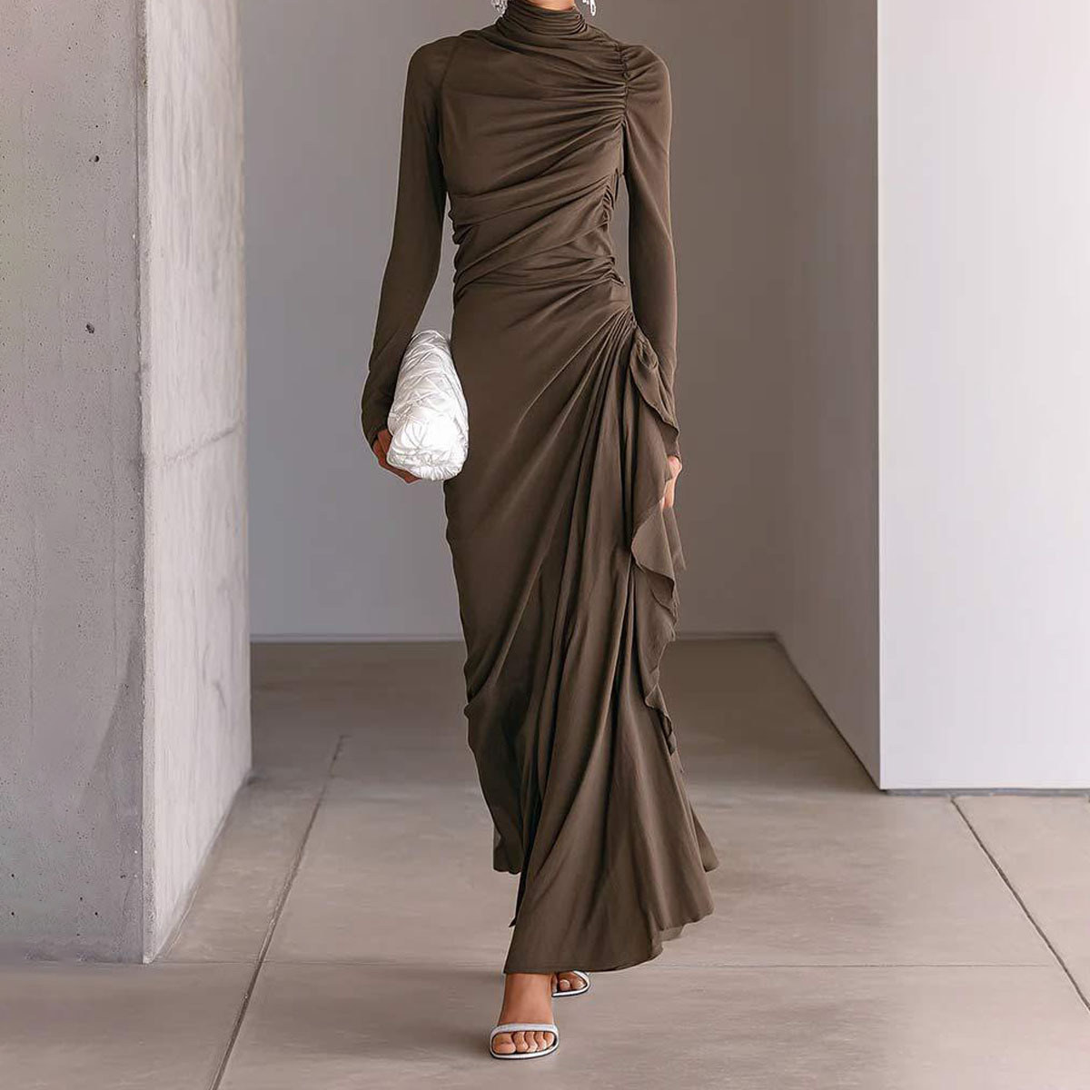 High-Neck Ruched Bodycon Long-Sleeve Dress