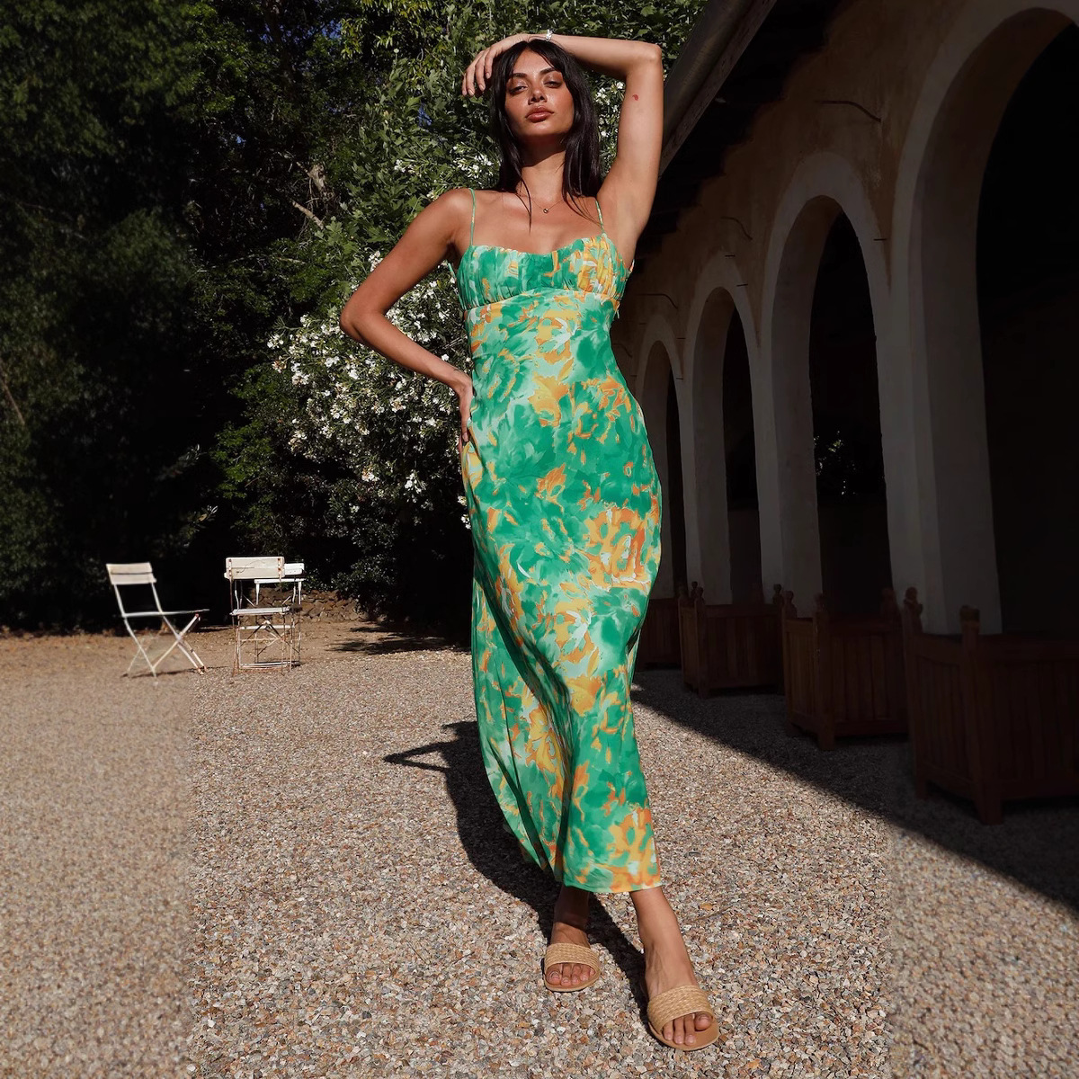 Women's Spaghetti Strap Low-Cut Bodycon Midi Dress with Open Back