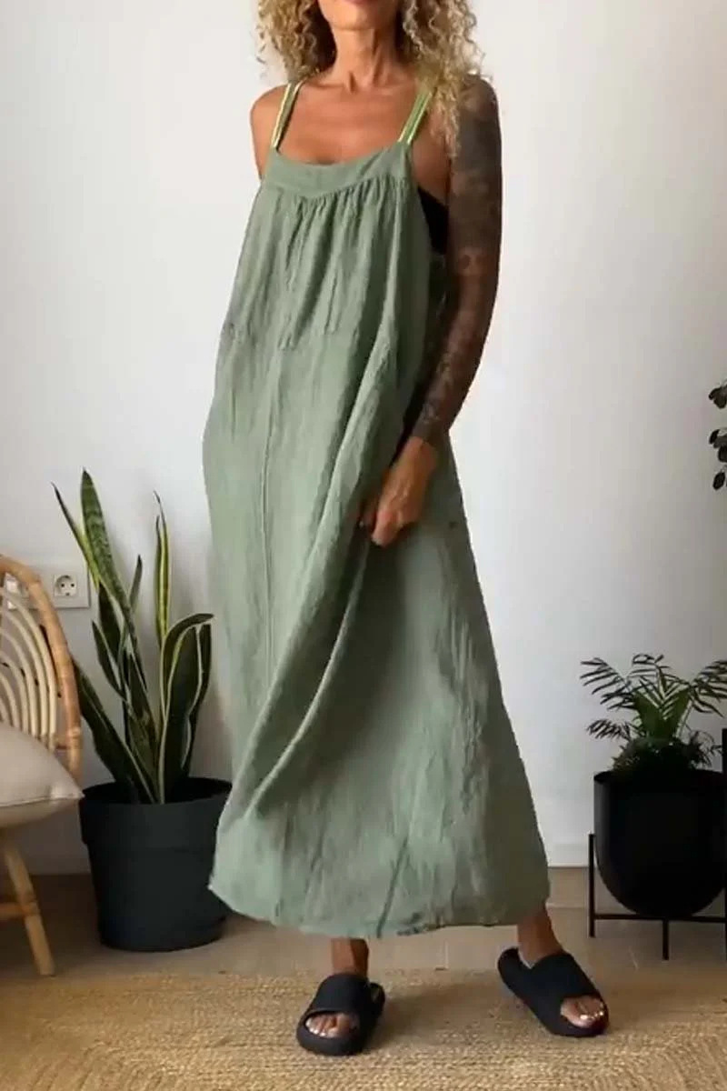 Women's Cotton Linen Sleeveless Pinafore Dress Casual Solid Color Long Dress