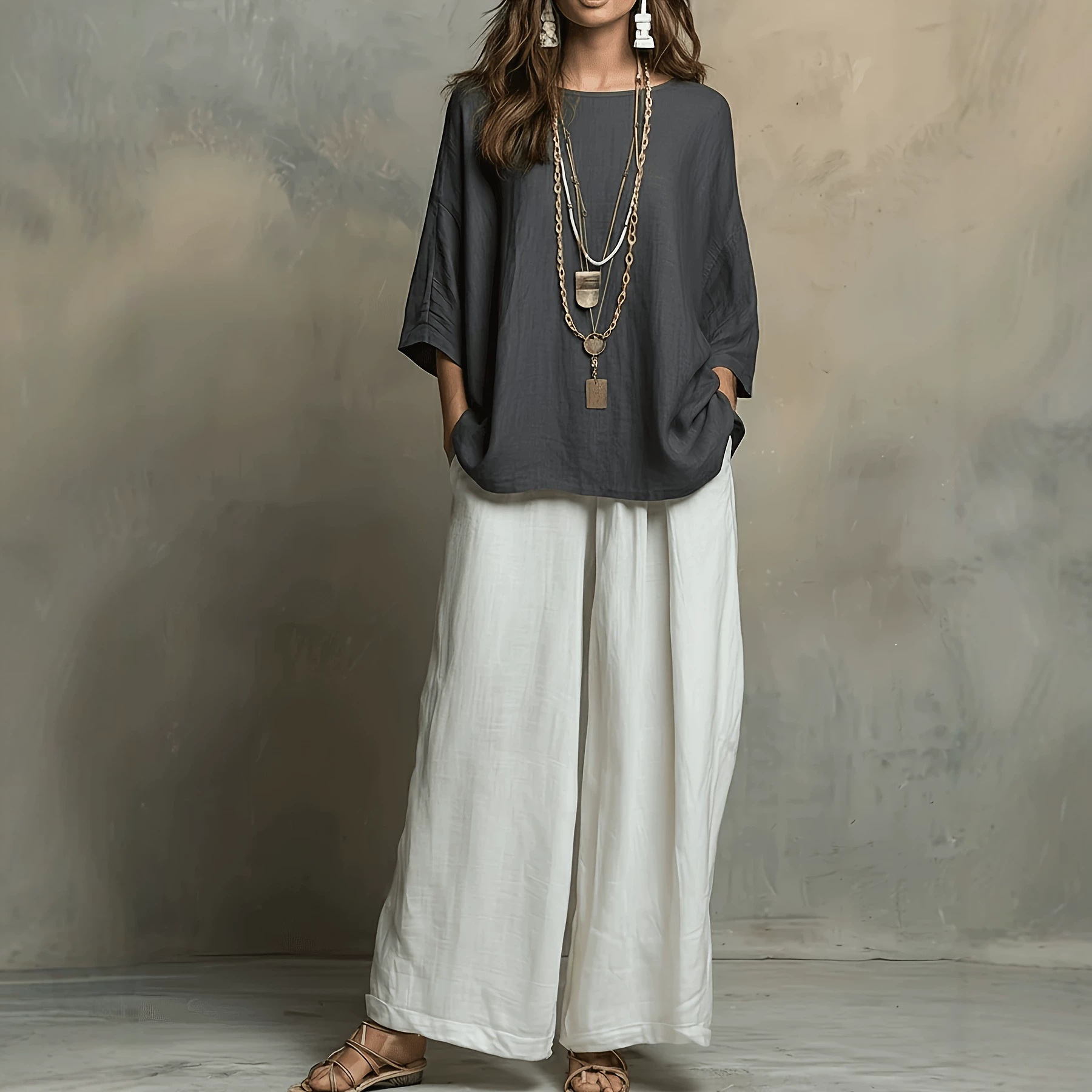 Boho Color-Block Loose Casual Vacation Two-Piece Set for Women