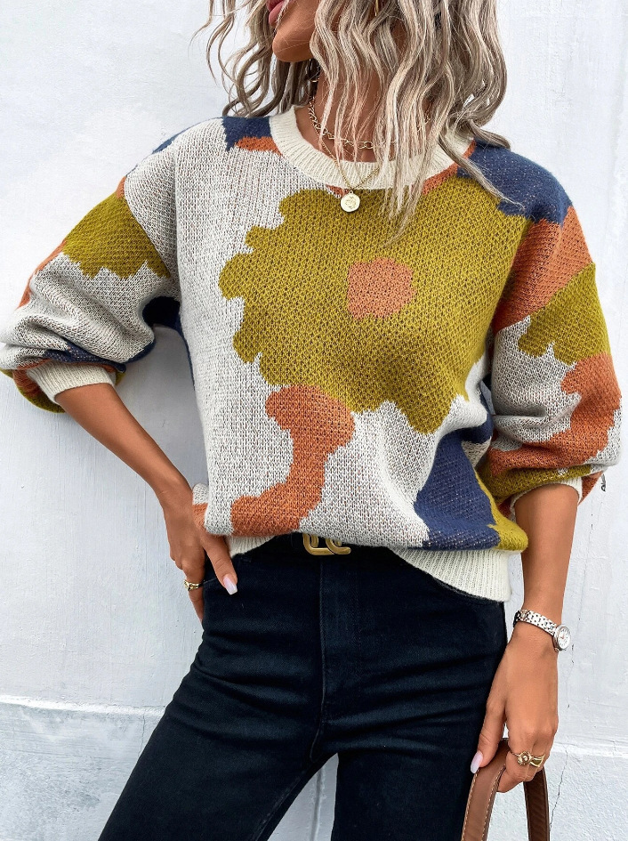 Women's Floral Jacquard Crewneck Long Sleeve Knit Sweater