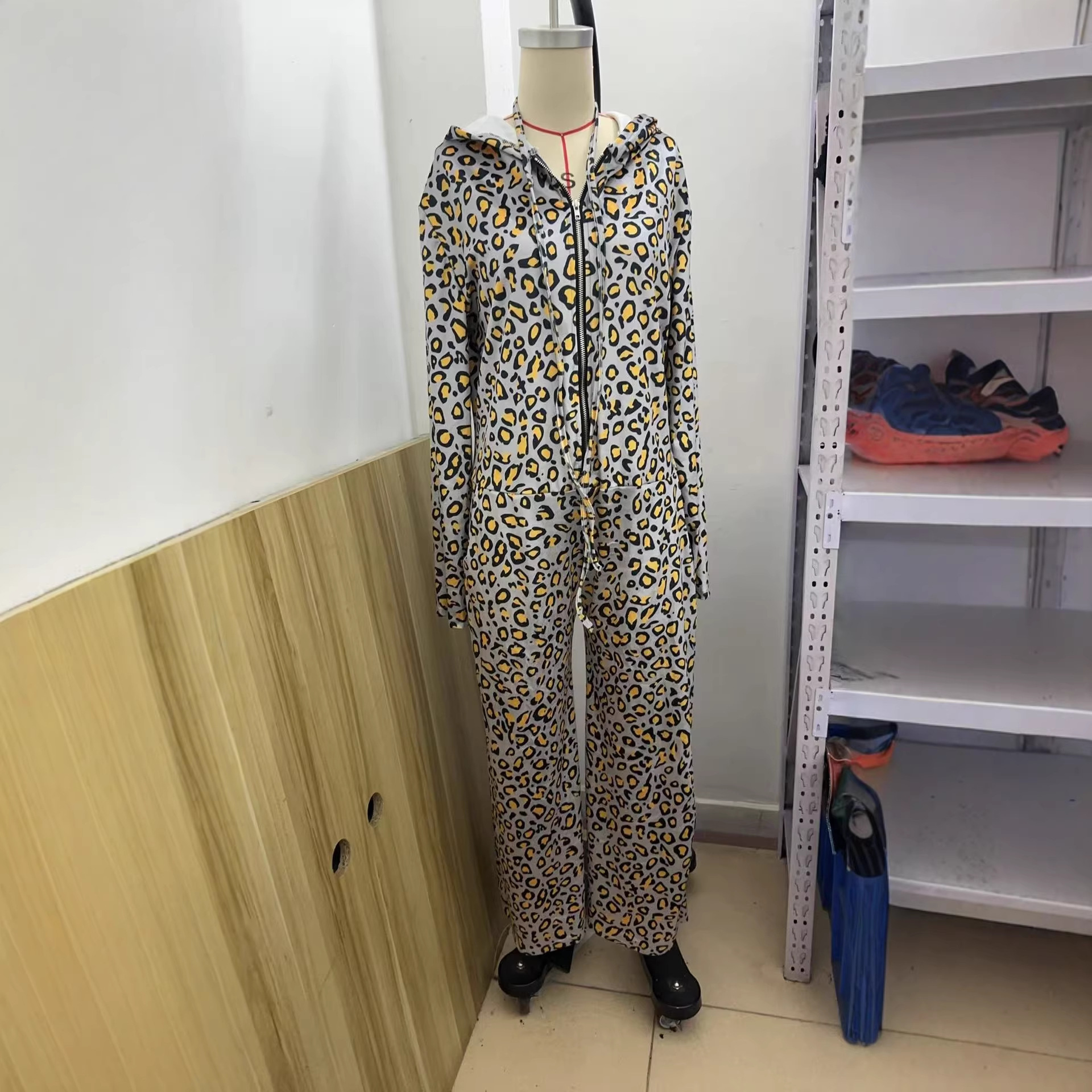 Leopard Print Velvet Hooded Wide-Leg Jumpsuit