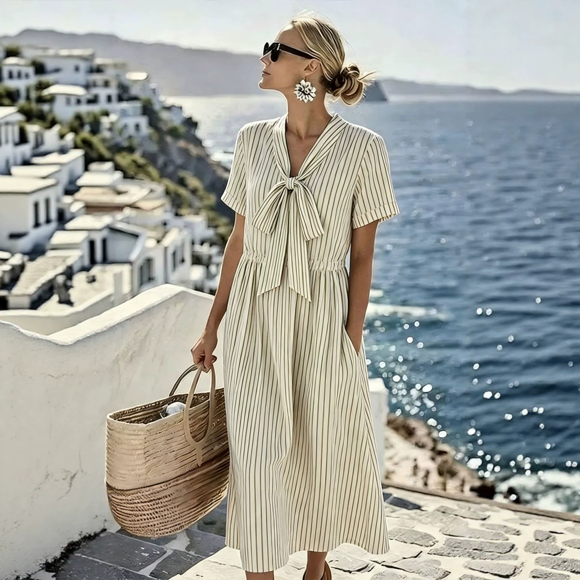 Women's Bow Casual Dress with Minimalist Print