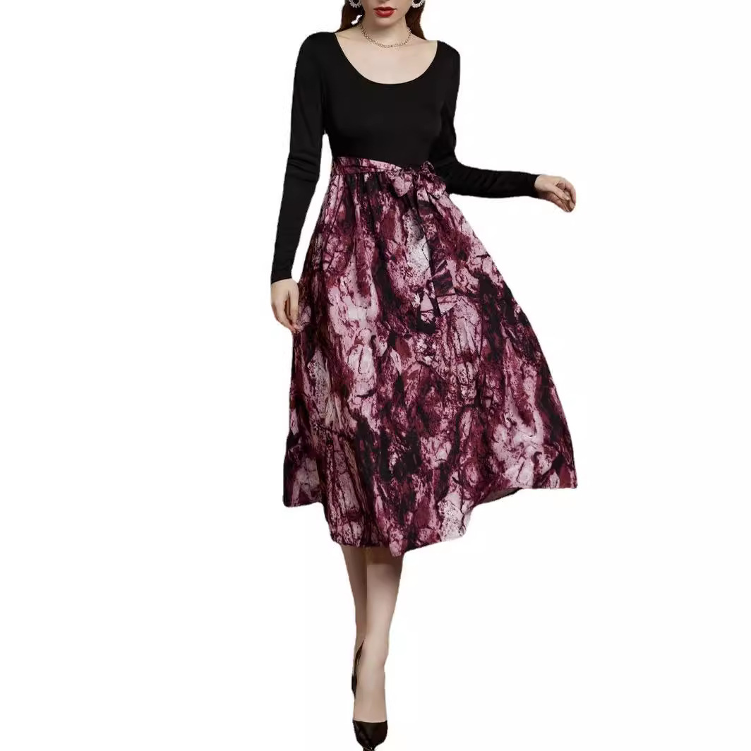 Women's Long Sleeve Floral Print Patchwork Dress