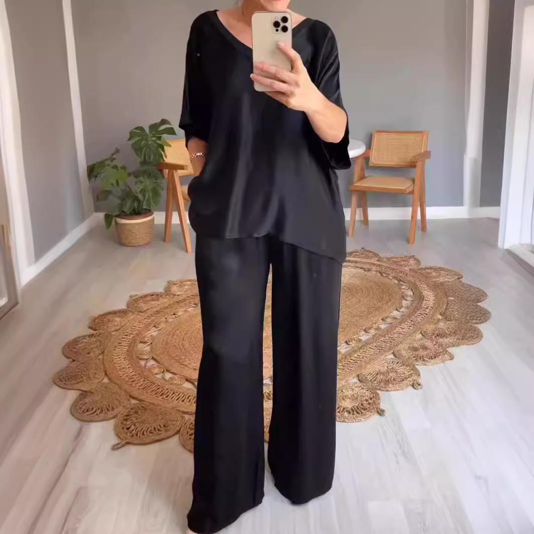 Women's Solid Silk-Finish V-Neck Casual Two-Piece Pants Set
