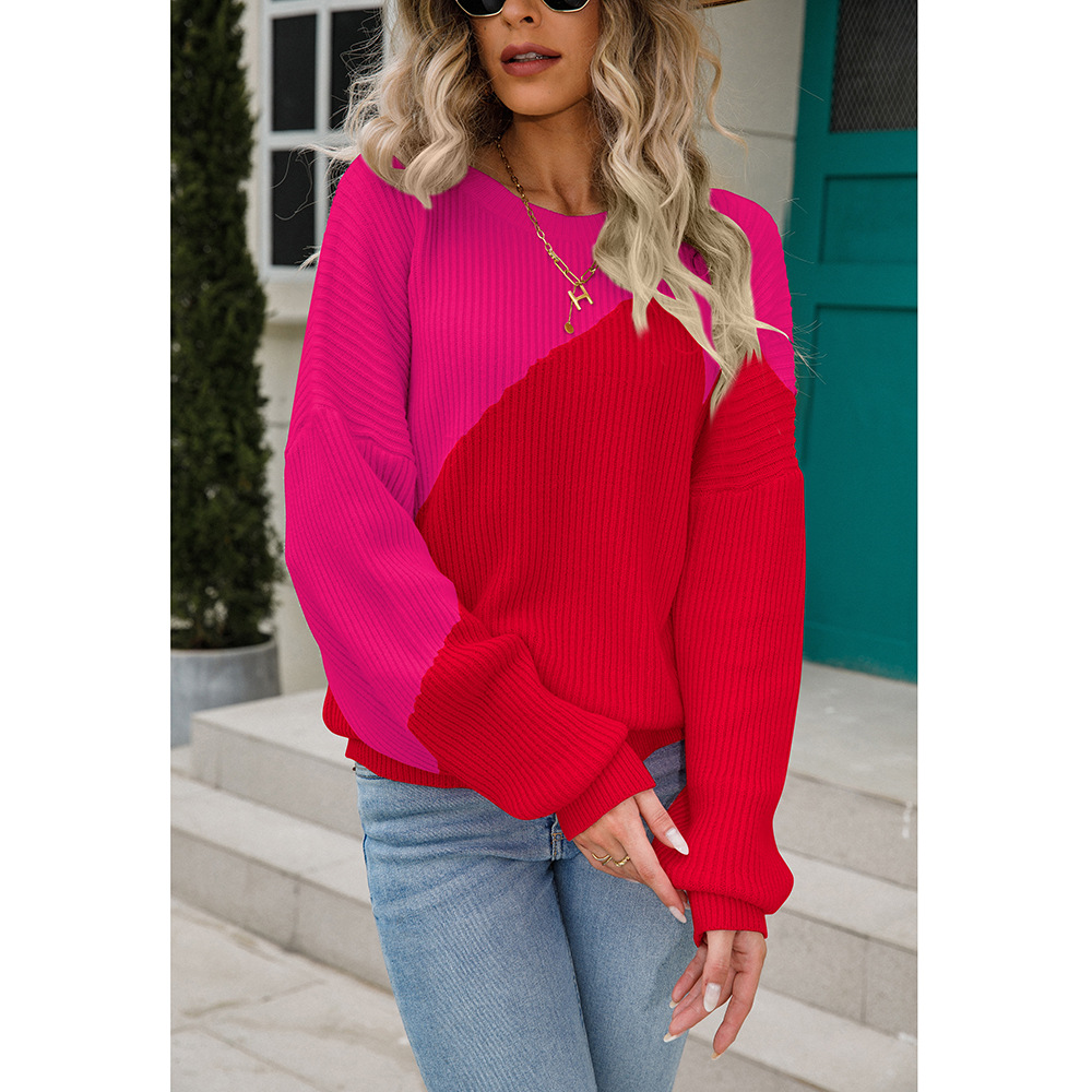 Color-Block Batwing Sleeve Crewneck Knit Sweater for Women