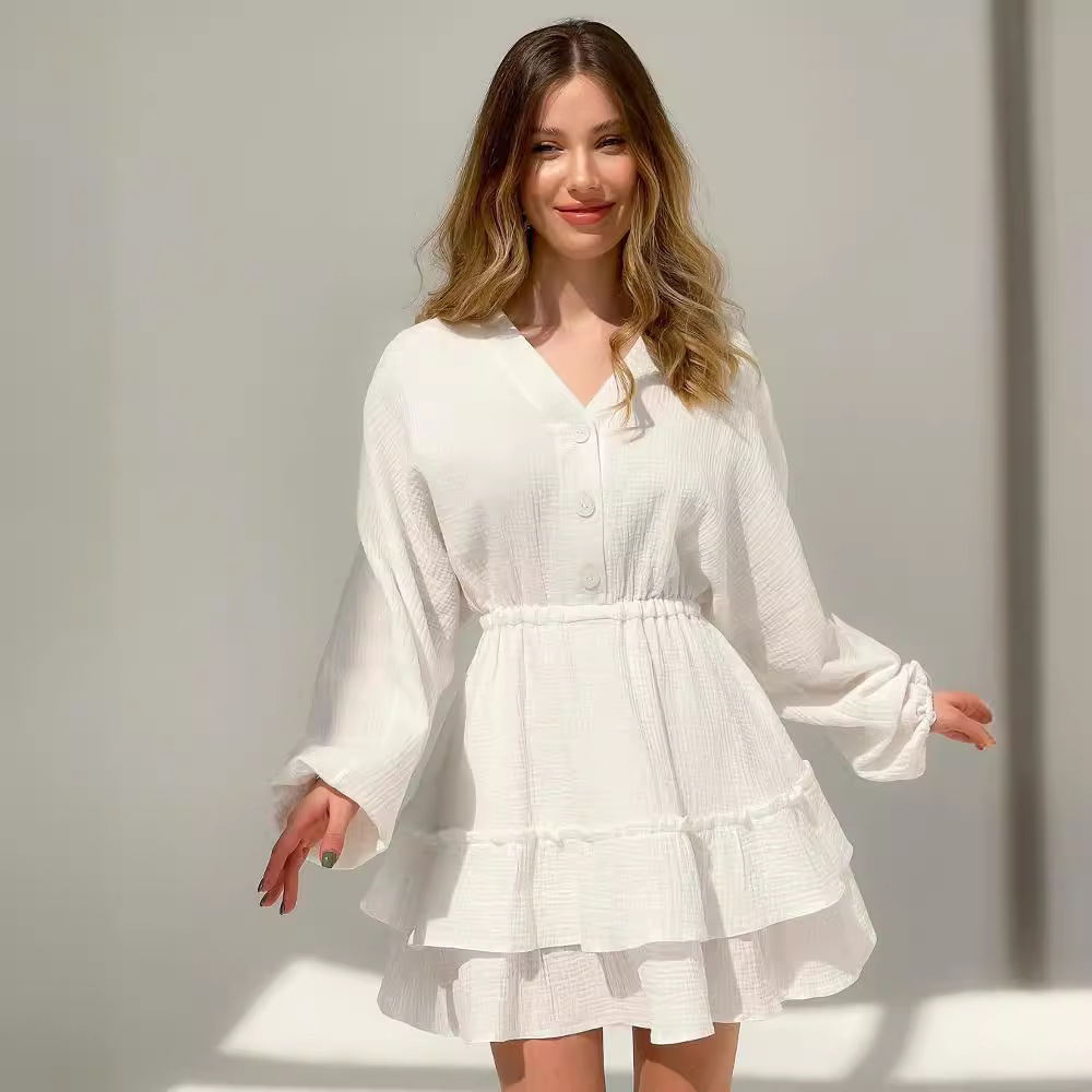 Solid Long Sleeve V-Neck A-Line Dress