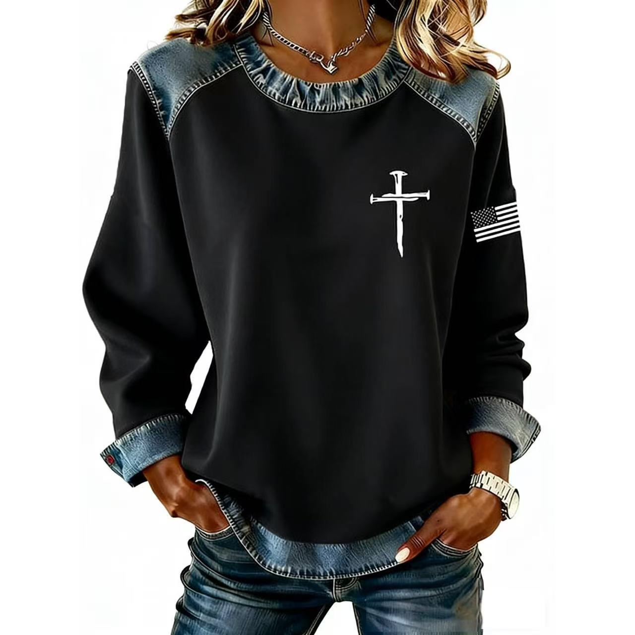 Denim Collar Colorblock Knit Pullover Sweater