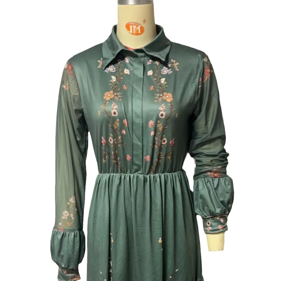 Long Sleeve Printed Long Dress with Collar