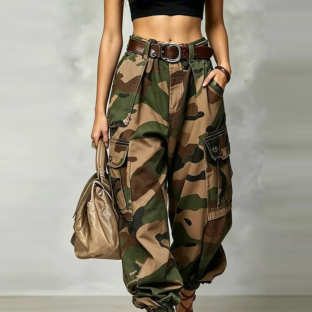 Retro Camo Multi-Pocket Cargo Pants Summer Loose Straight Wide-Leg
