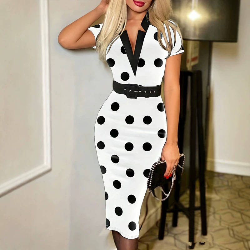 Plaid V-Neck Bodycon Long Sleeve Dress with Belt