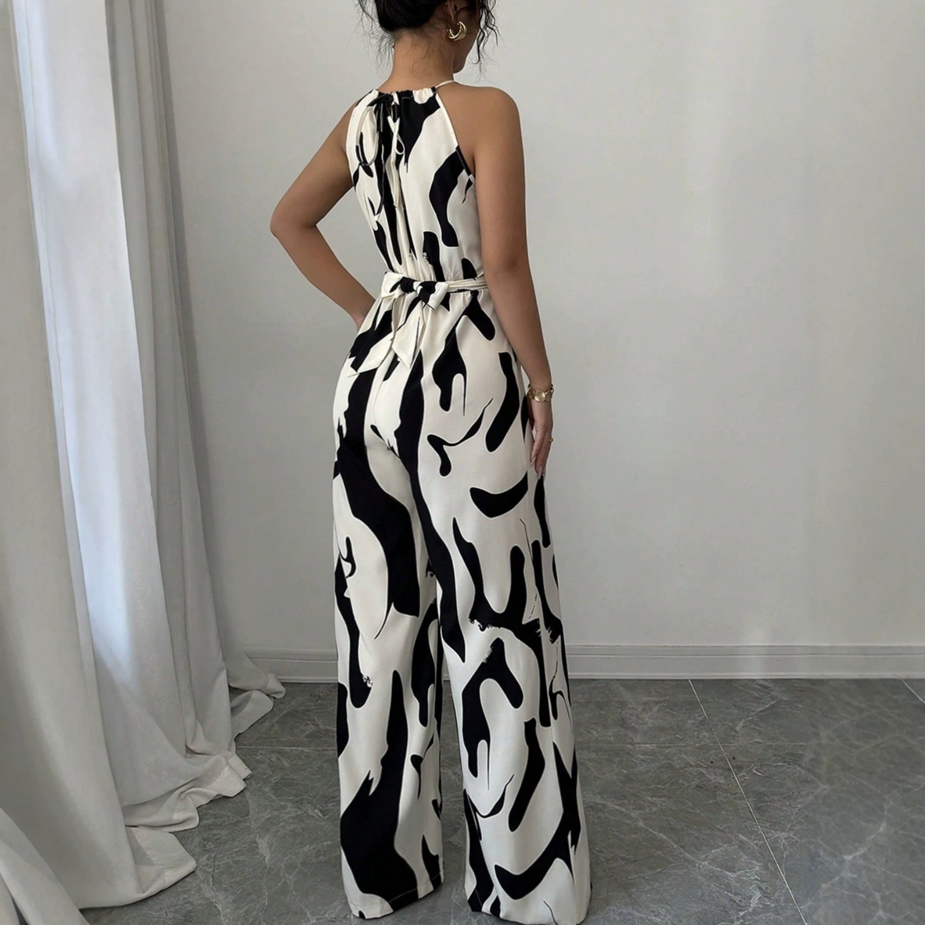 Women's Tie-Waist Halter Wide-Leg Jumpsuit with Print