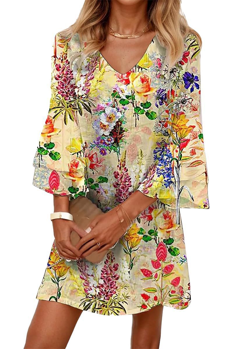 Women's Boho Floral Print Ruched Midi Dress