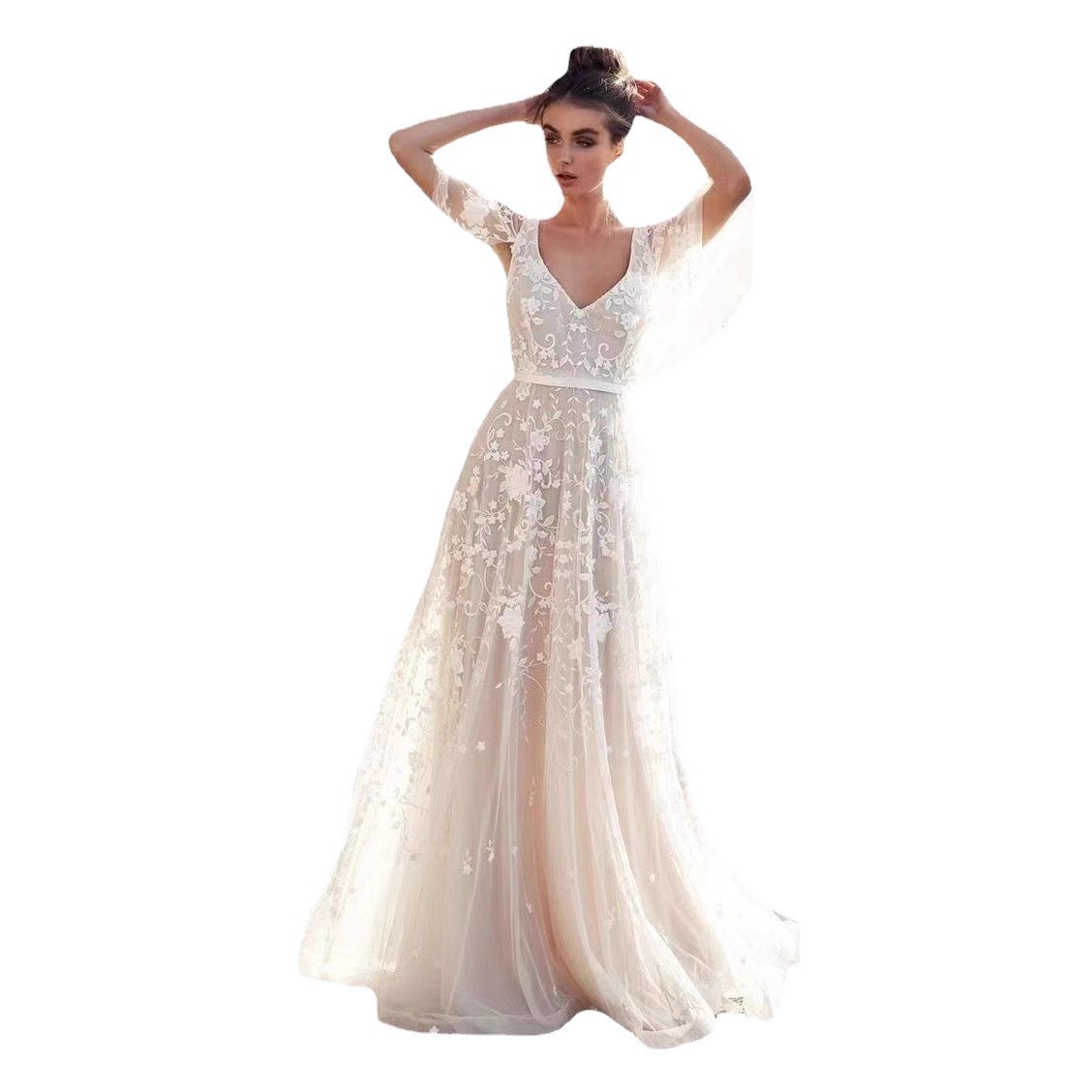 Women's Lace V-Neck Open-Back Maxi Dress Elegant Evening Gown