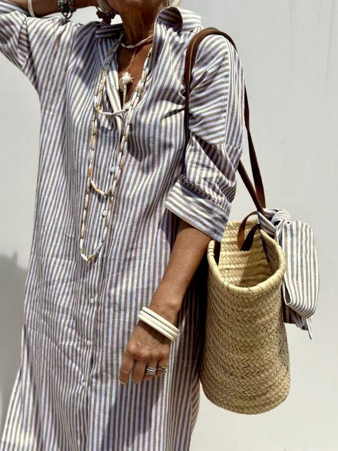 Women's Striped Button-Front Shirt Dress with Collar and Short Sleeves