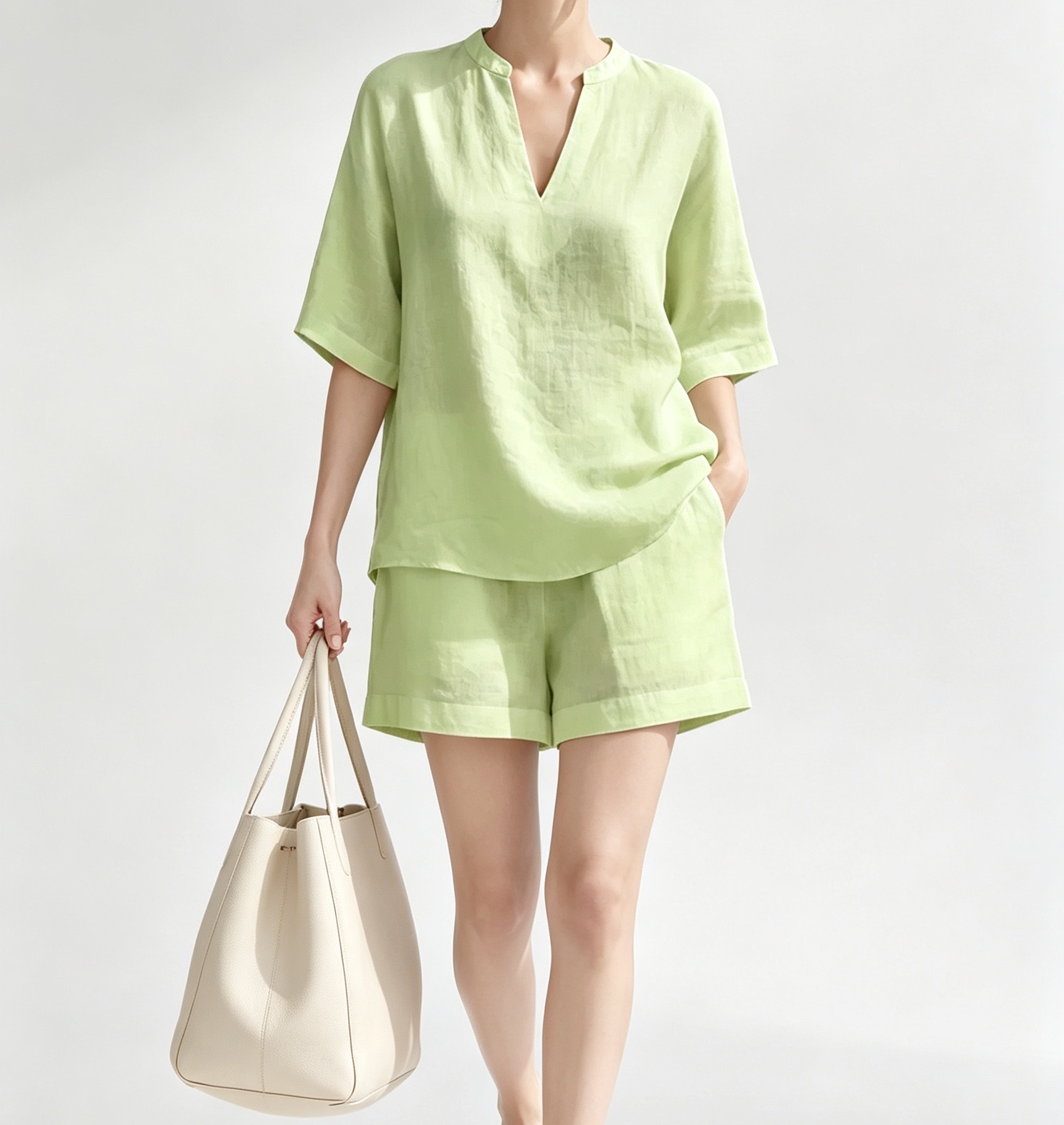Solid V-Neck Linen-Blend Top and Shorts Two-Piece Set