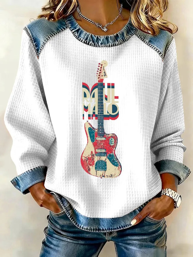 Women's Casual Crewneck Sweatshirt with 3D Digital Print Denim Splicing Waffle Knit