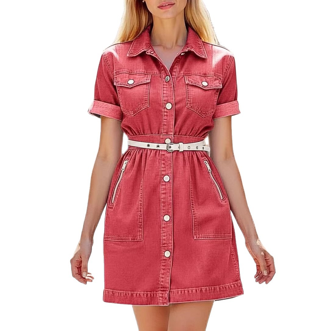 Women's Denim Midi A-Line Dress with Short Sleeves and Shirt Collar