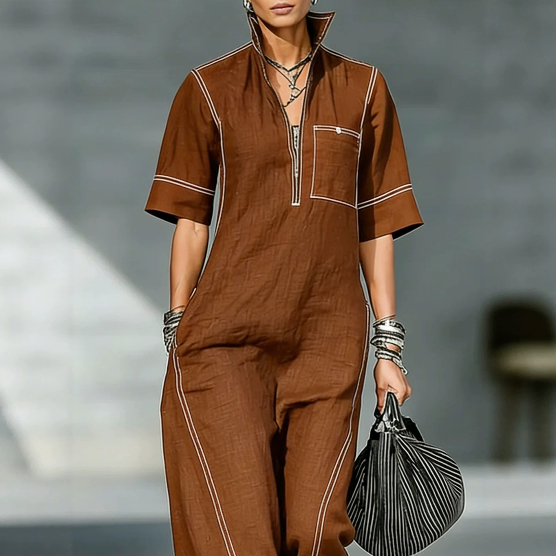 Women's Sleeveless Stand Collar Wide-Leg Jumpsuit Casual Loose Fit