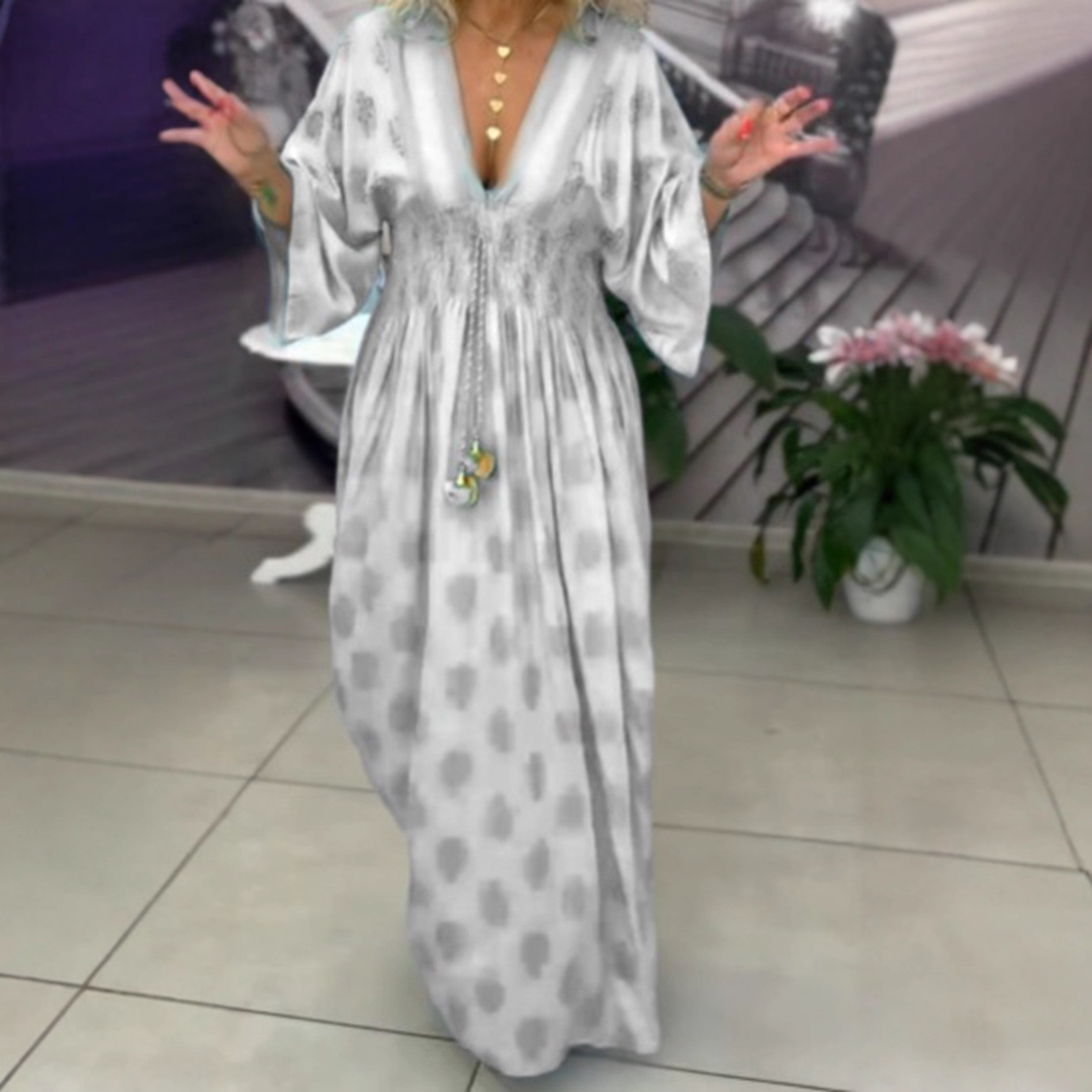 Women's Floral Print V-Neck Drawstring Waist Maxi Dress