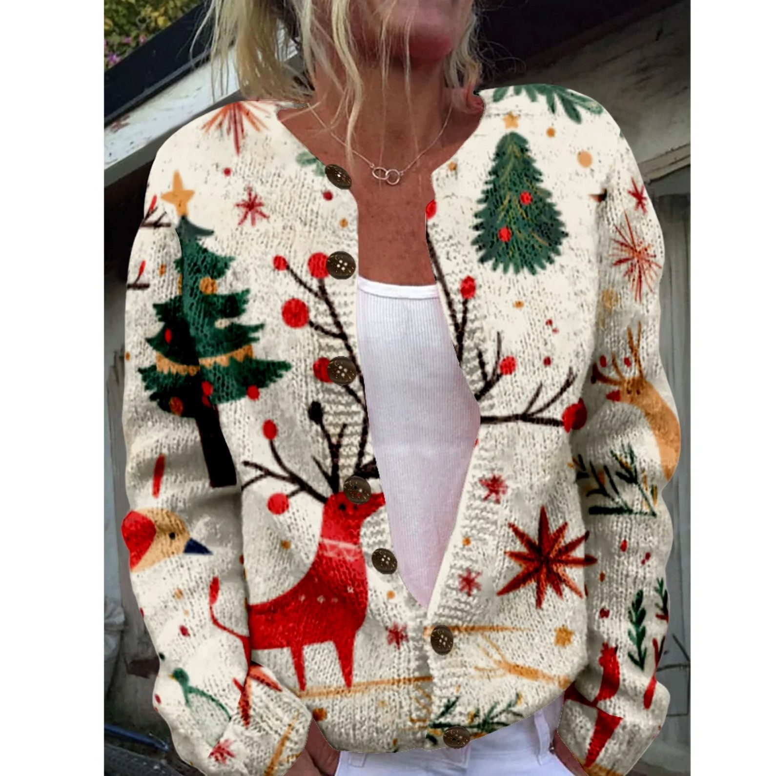 Women's Christmas Santa Print Button Cardigan Sweater
