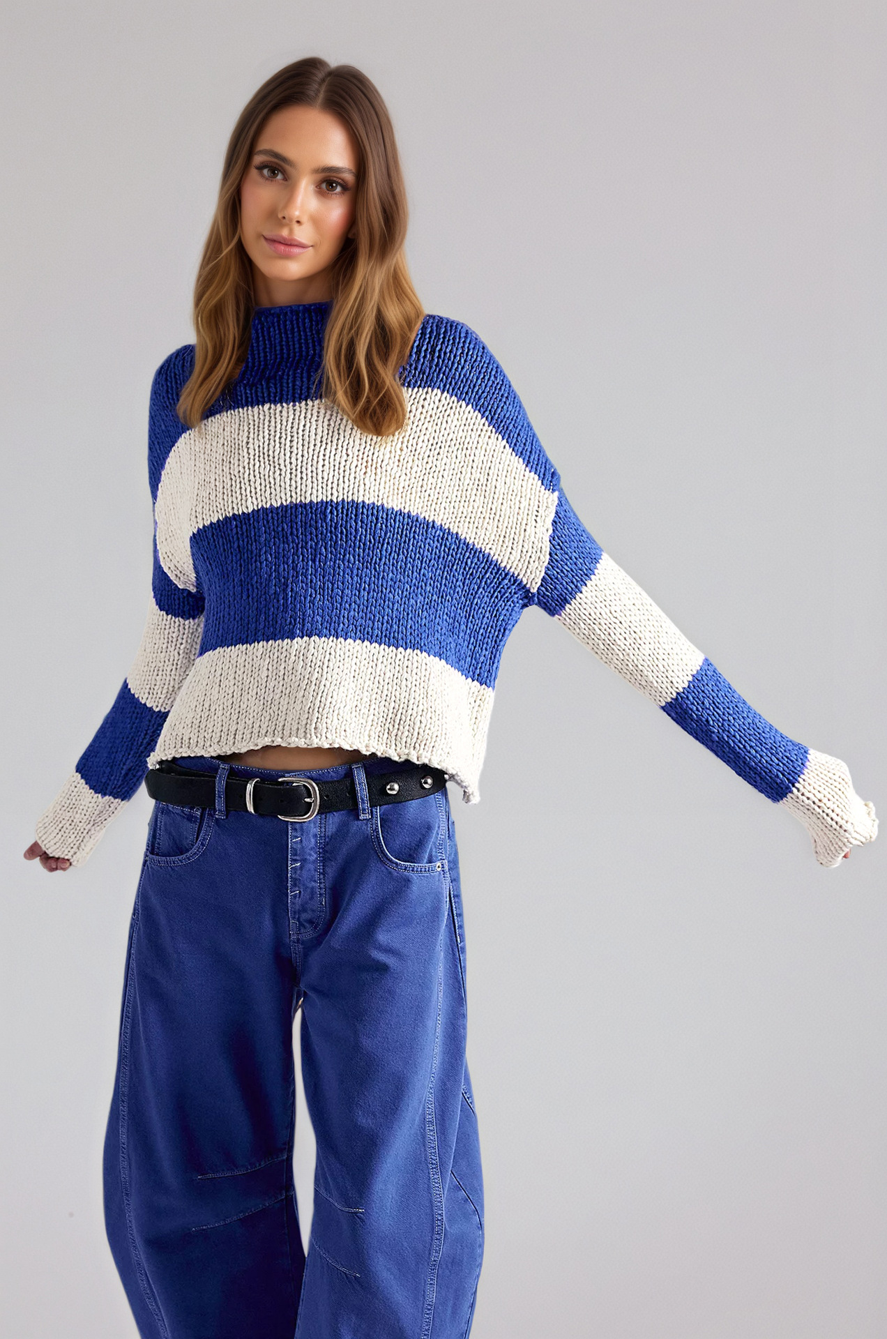 Color-Block Striped Loose Knit Sweater