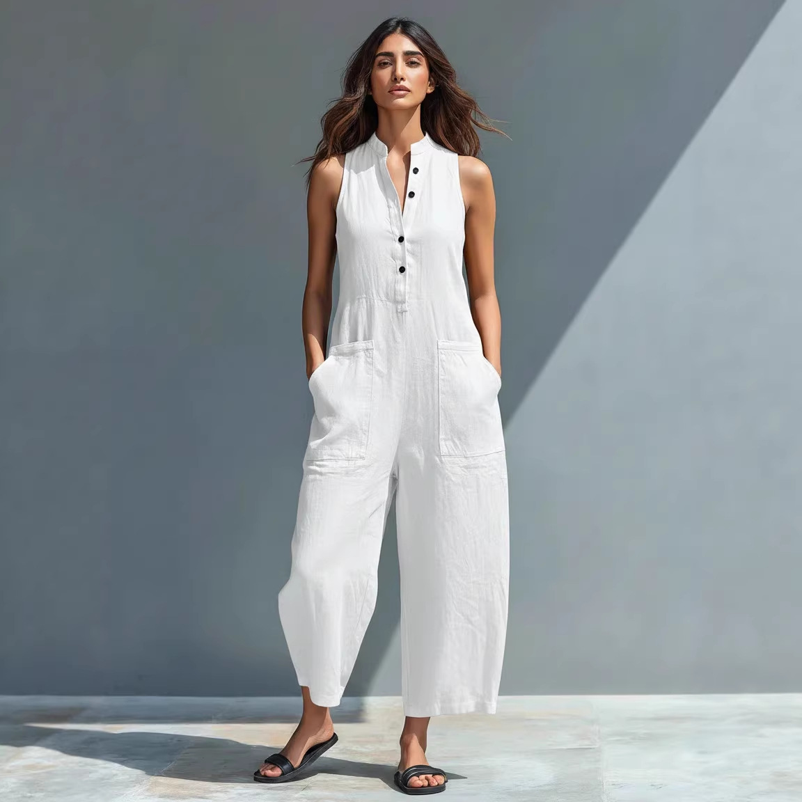 Women's Casual Sleeveless Button-Front Wide-Leg Jumpsuit
