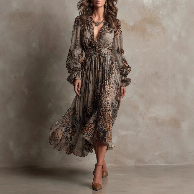 Bohemian Leopard Print Ruffle V-Neck Midi Dress