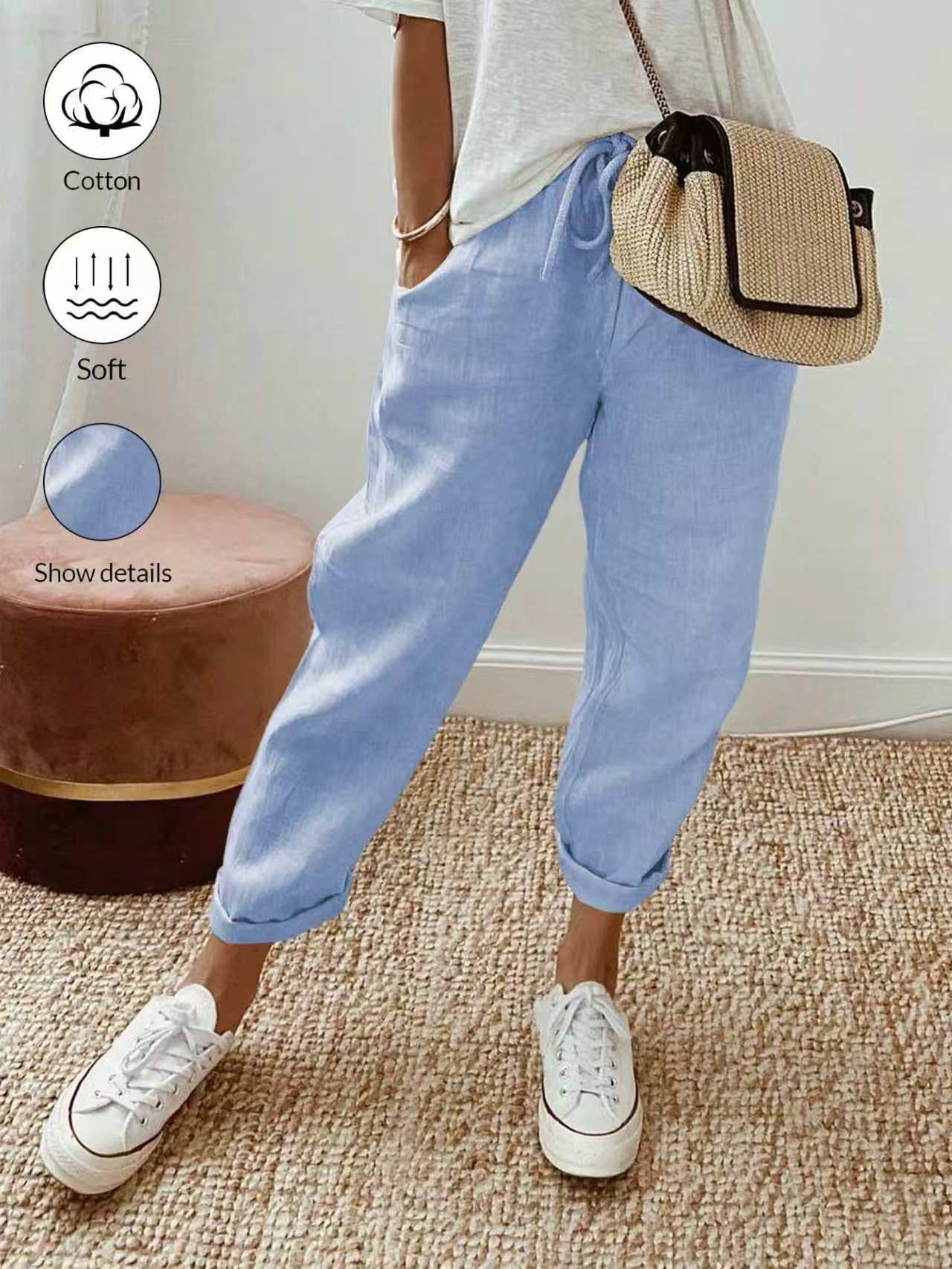 Women's Cotton Linen Cropped Pants with Pockets and Elastic Waist, Loose Casual