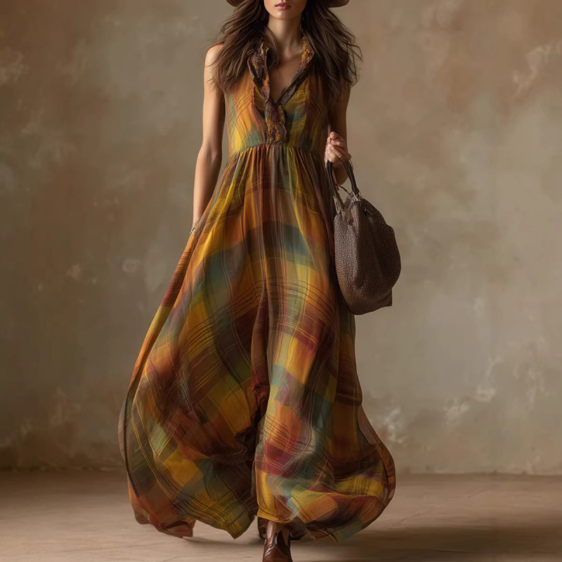 Western Boho Plaid Sleeveless A-Line Midi Dress with Pockets