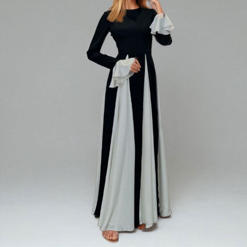 Elegant Color-Block Sleeveless Maxi Dress with V-Neck and Full Skirt