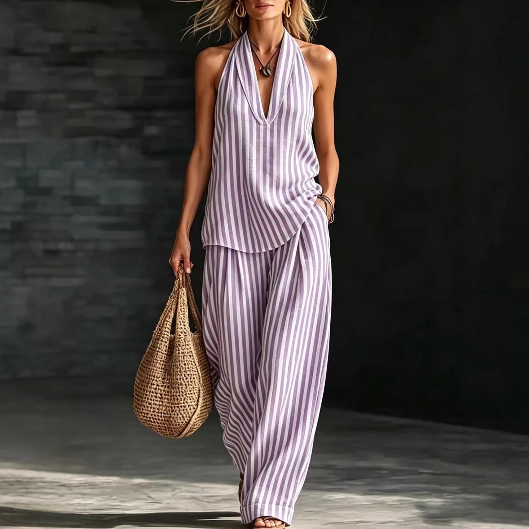 Women's Striped Halter V-Neck Sleeveless Two-Piece Pants Set