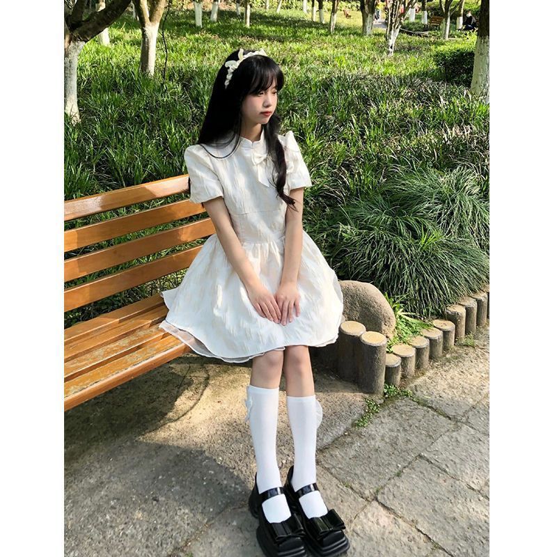 New Chinese Style Bow Jacquard Mesh Mini Dress with Cinched Waist
