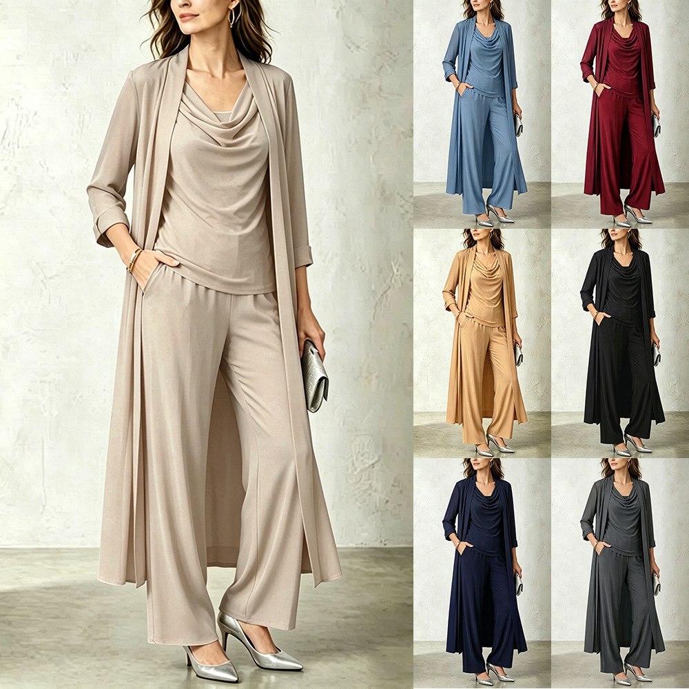 Women's Minimalist Long-Sleeve Draped-Neck Cardigan & Pants 3-Piece Set