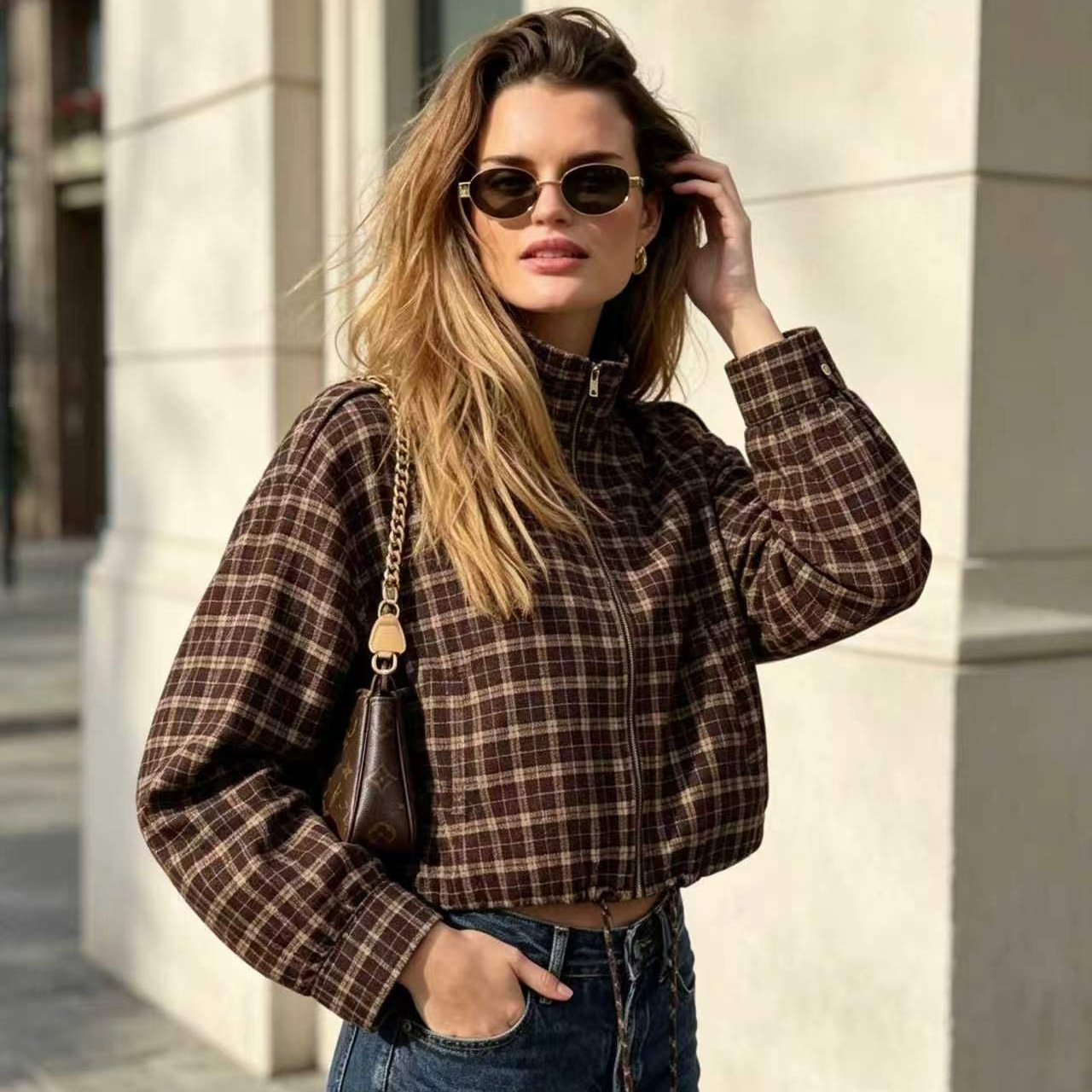 Women's Retro Plaid Jacket and Midi Skirt Set