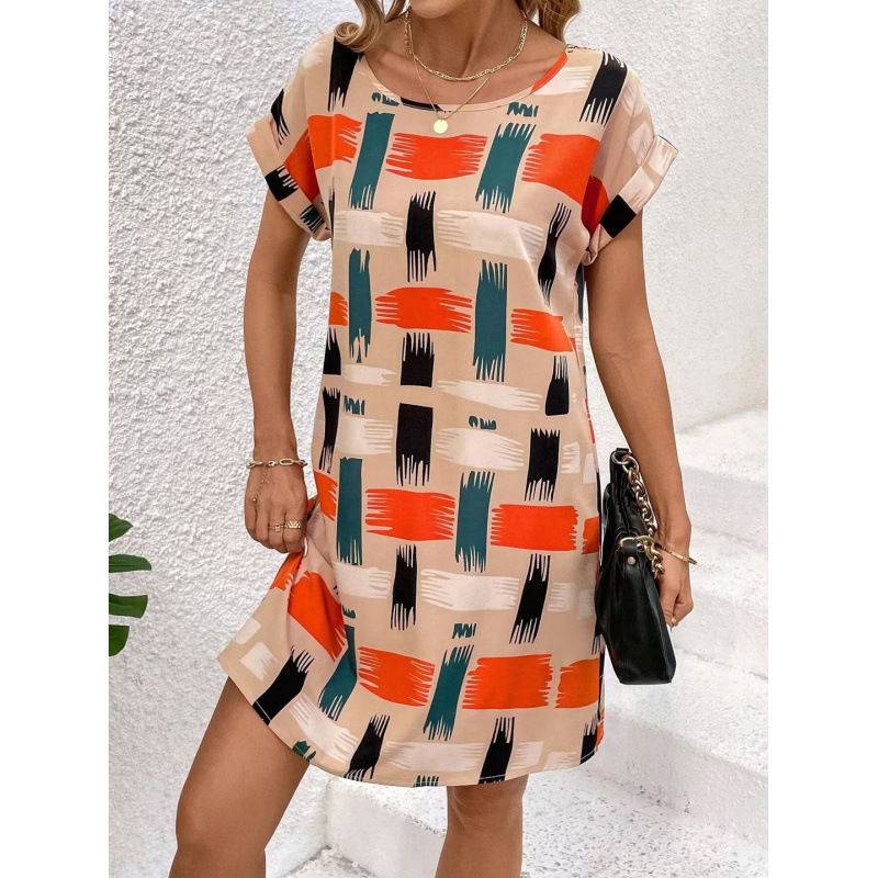 Women's Summer Printed Batwing Sleeve Round Neck Dress