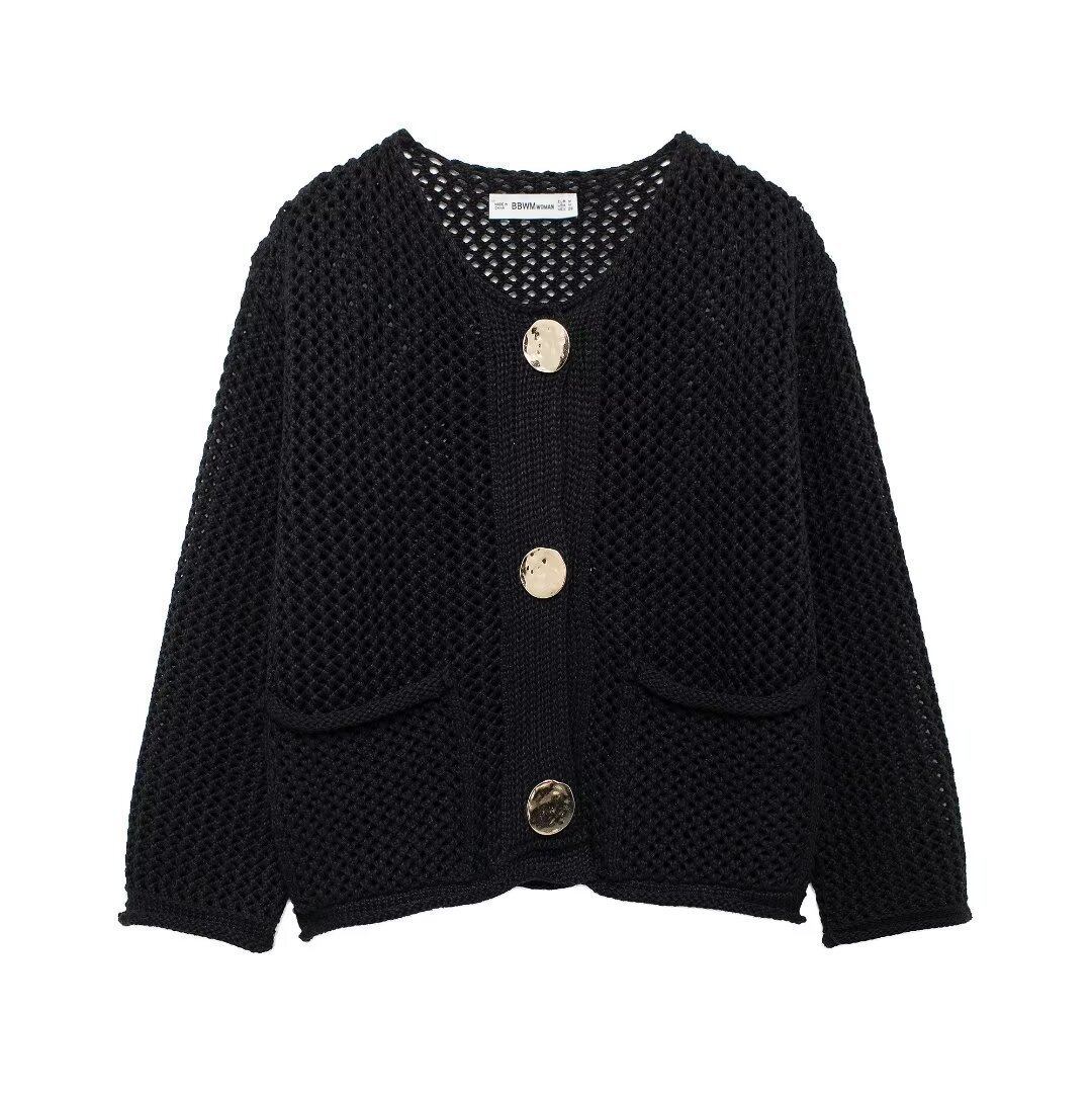 Women's Solid Color Button-Up Knit Cardigan with Pockets Crew Neck Long Sleeve Chunky Sweater Coat