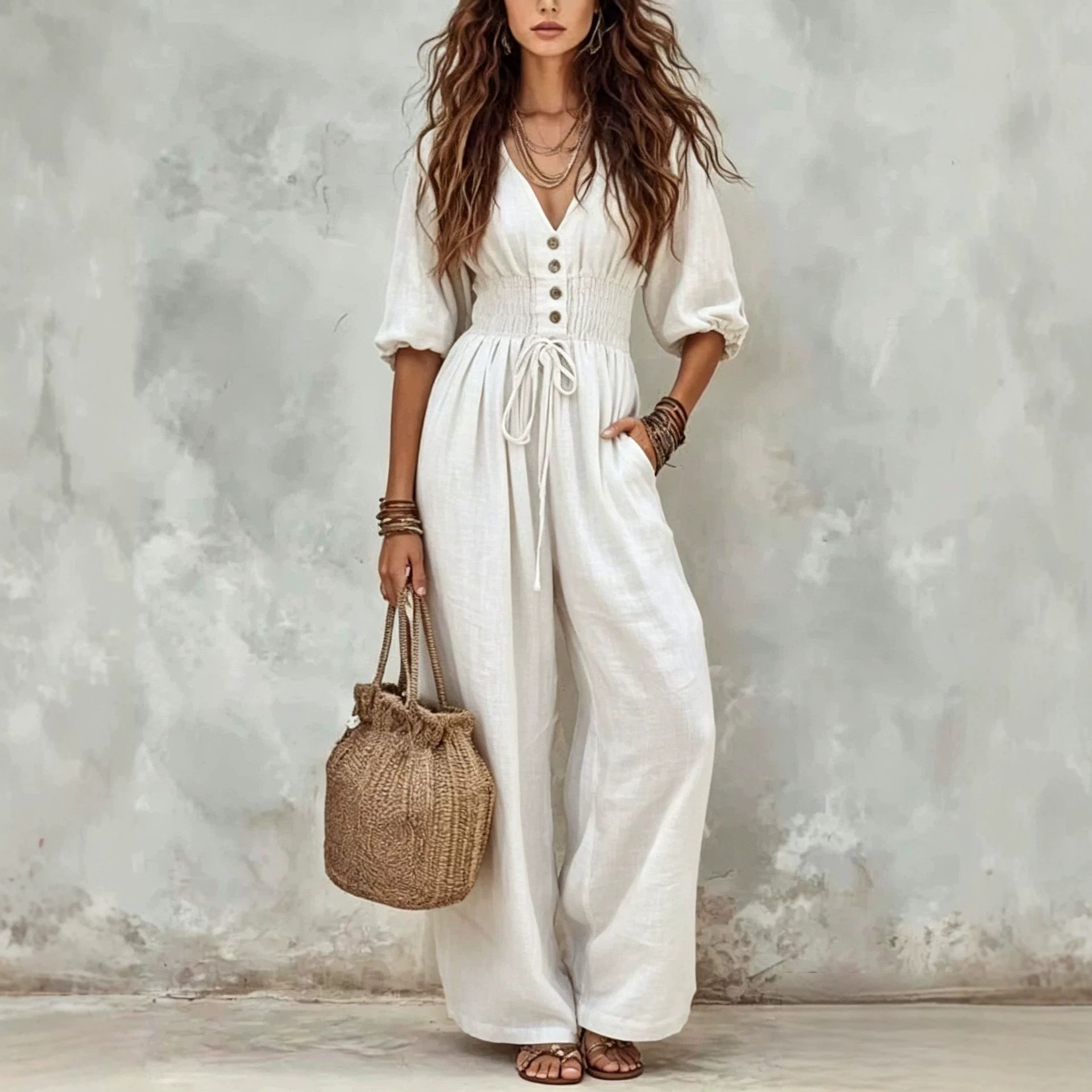 Lantern Sleeve Drawstring Waist Wide Leg V-Neck Jumpsuit