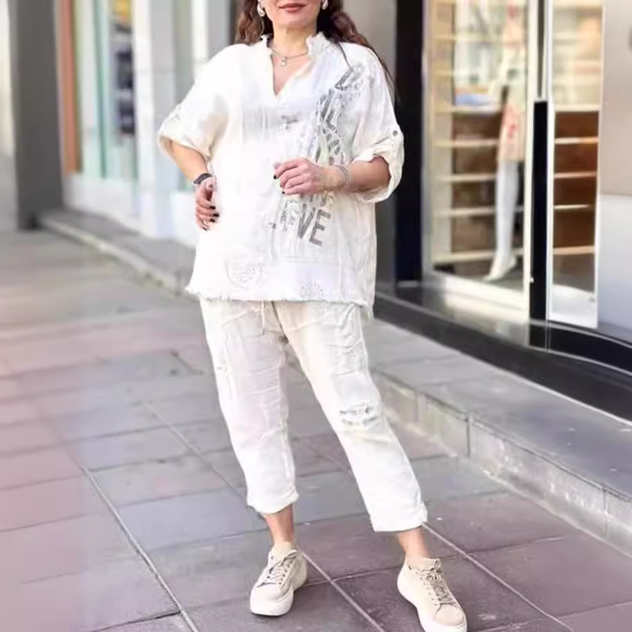 Letter Print Half-Sleeve Long Pants Loose Two-Piece Set